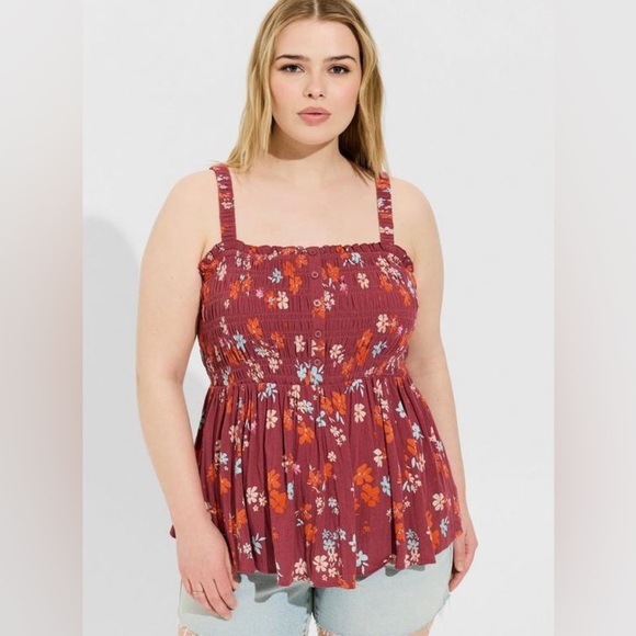 torrid Tops - NWT Torrid Babydoll Gauze Smocked Cami, Size 00 (10), Abstract Floral Maroon